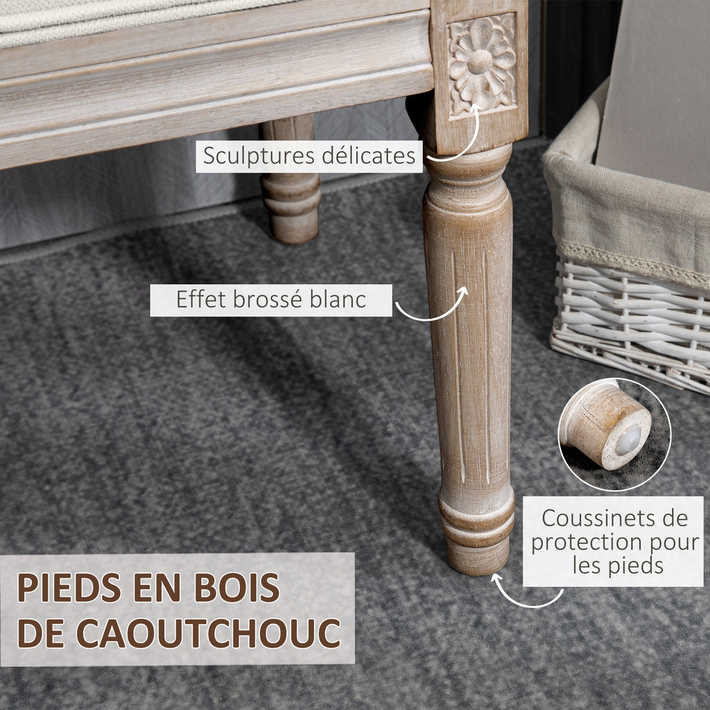 Banc bout de lit en forme demi-lune style Louis XVI structure en bois massif sculpté siège en tissu aspect lin crème-4