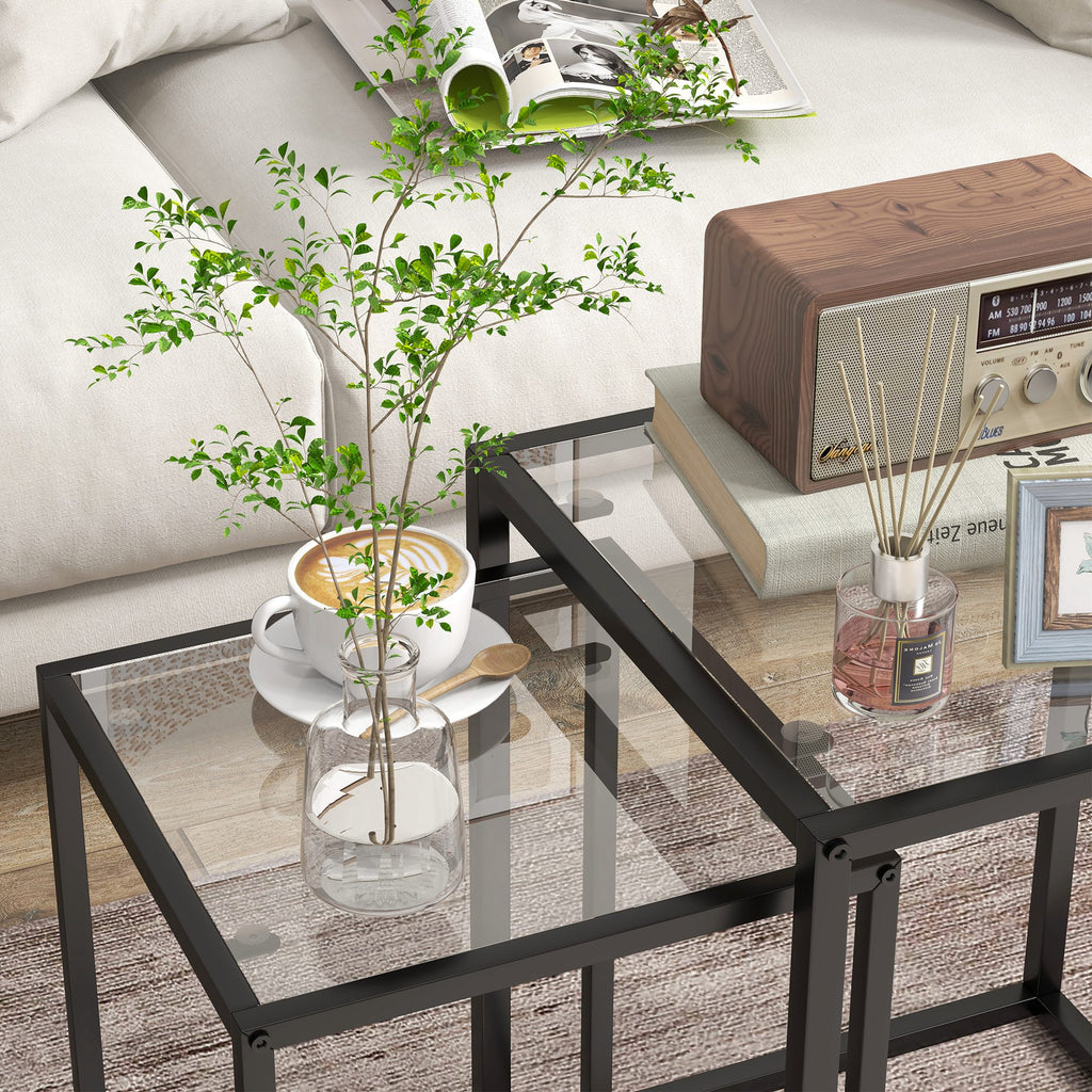 Lot de 2 tables basse gigogne, tables d'appoint empilable, plateau verre trempé cadre acier, patins antidérapants, noir-7