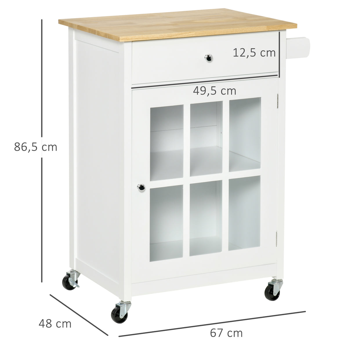 Desserte de cuisine à roulettes multi-rangement - placard porte vitrée avec étagère réglable, tiroir, porte-torchon - blanc aspect chêne clair-2