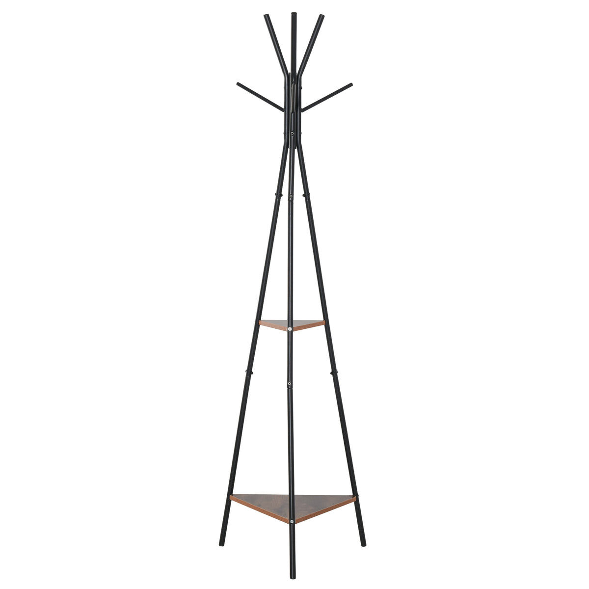 Porte-manteau trépied style industriel branches 2 étagères + 6 patères dim. 52L x 46l x 182H cm métal noir-0