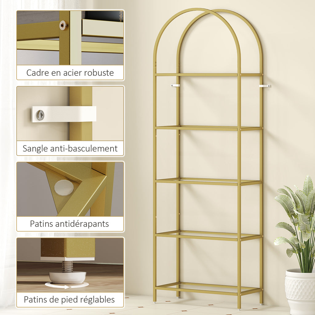 Bibliothèque étagère de rangement en verre à 5 niveaux arqué pour salon, bureau, chambre, 60 x 30 x 175 cm, doré-4