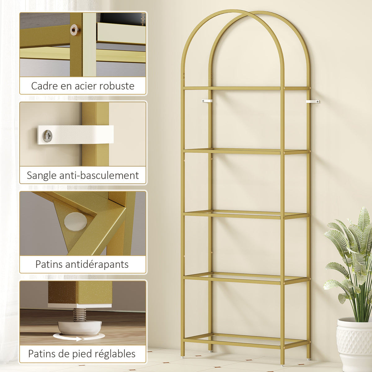 Bibliothèque étagère de rangement en verre à 5 niveaux arqué pour salon, bureau, chambre, 60 x 30 x 175 cm, doré-4