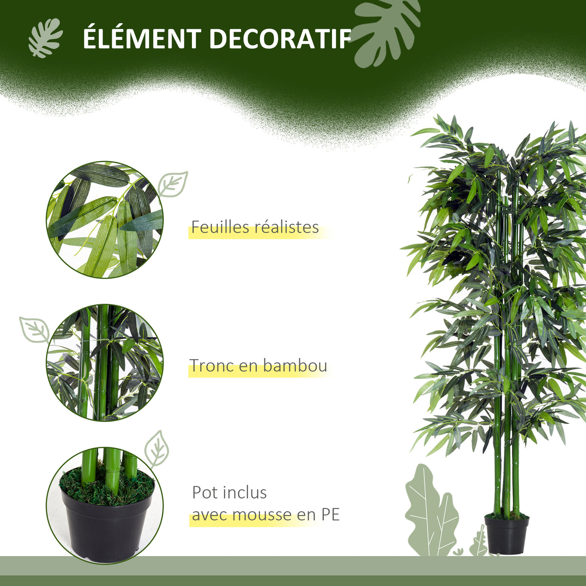 Lot de 2 Bambous Artificiel XXL 1,80H m arbre artificiel 1105 Feuilles denses réalistes Pot Inclus Noir Vert-4