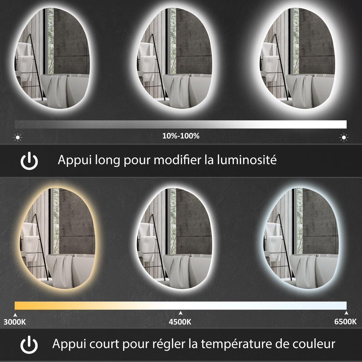 Miroir salle de bain avec éclairage LED 80 x 60 cm, miroir lumineux mural avec antibuée, mémoire, IP44, argenté-3