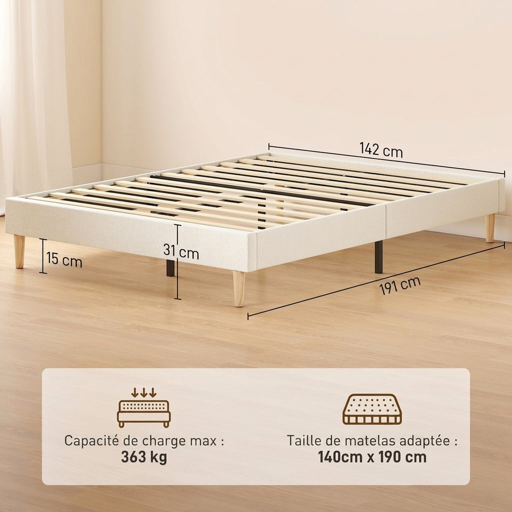 Cadre de Lit 140 x 190 cm avec Sommier, Lit Double Rembourré en Velours Côtelé, Espace de Rangement Au-Dessous, Crème-2
