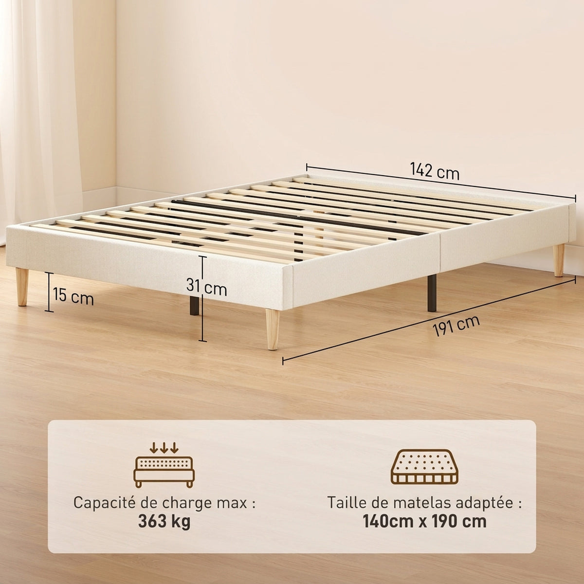 Cadre de Lit 140 x 190 cm avec Sommier, Lit Double Rembourré en Velours Côtelé, Espace de Rangement Au-Dessous, Crème-2