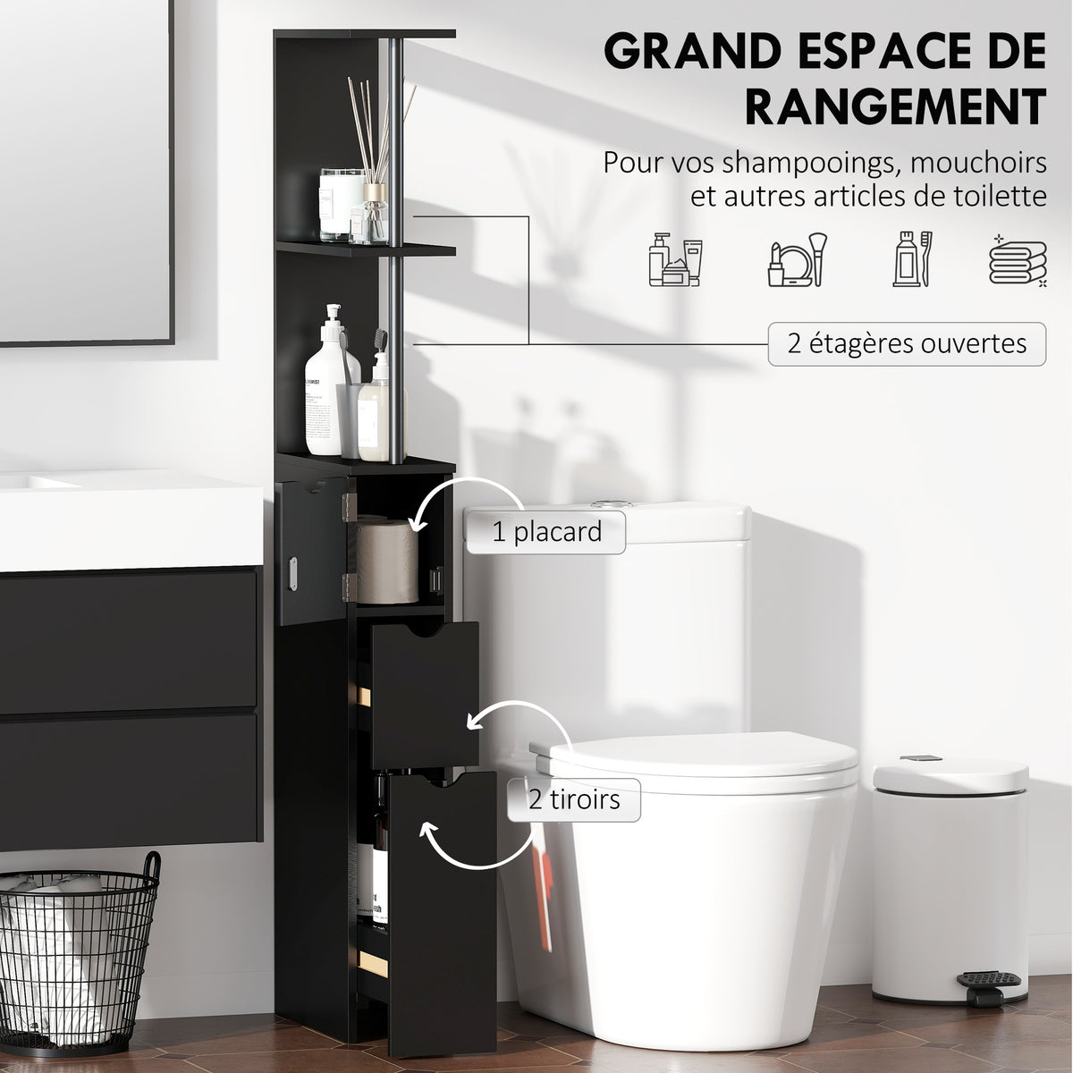 Meuble colonne salle de bain armoire de salle de bain avec tiroirs étagères ouvertes placard 15 x 33 x 136,8 cm noir-3