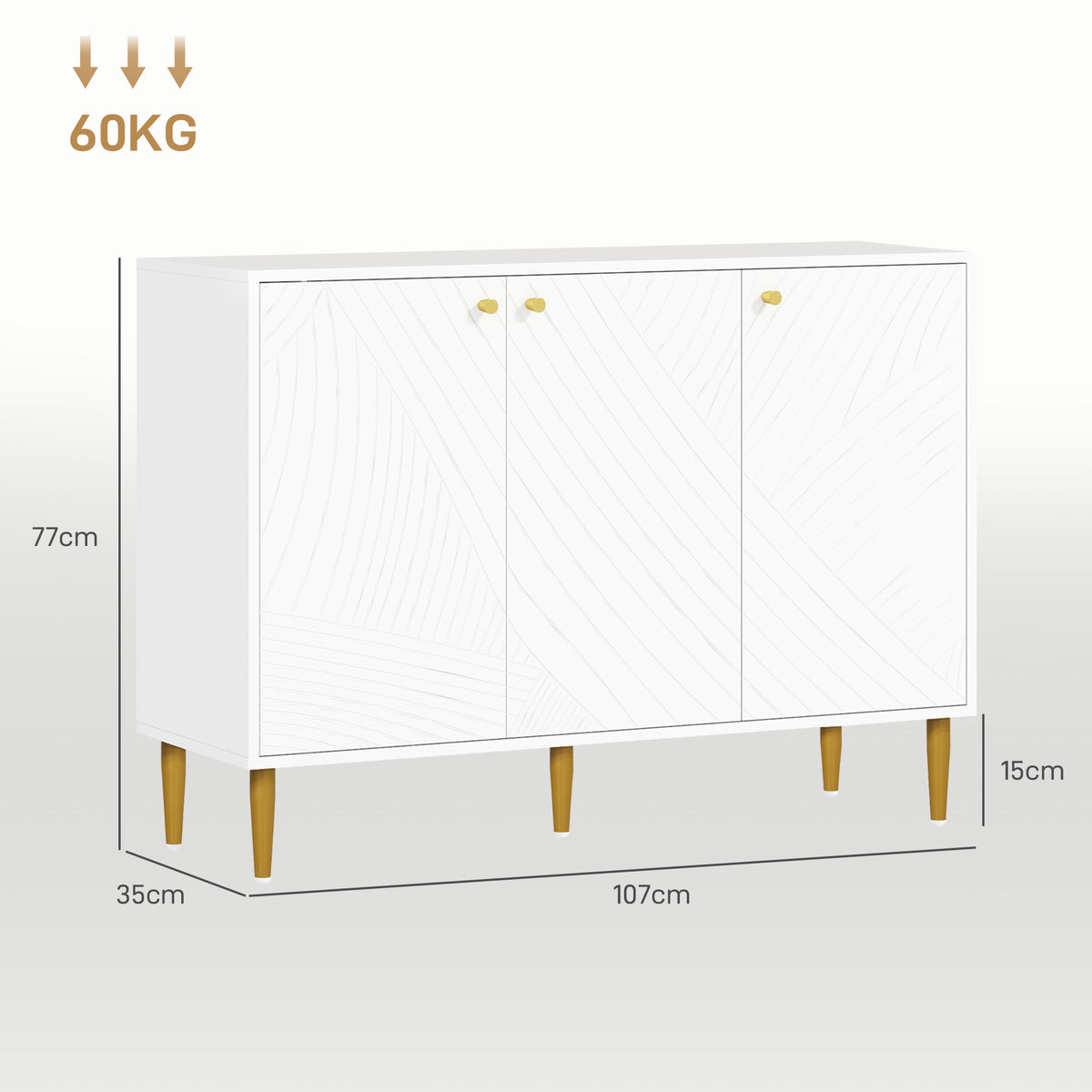 Buffet meuble de rangement avec 2 placard 3 portes étagères ajustables pieds dorés en acier 107 x 35 x 77 cm blanc-2