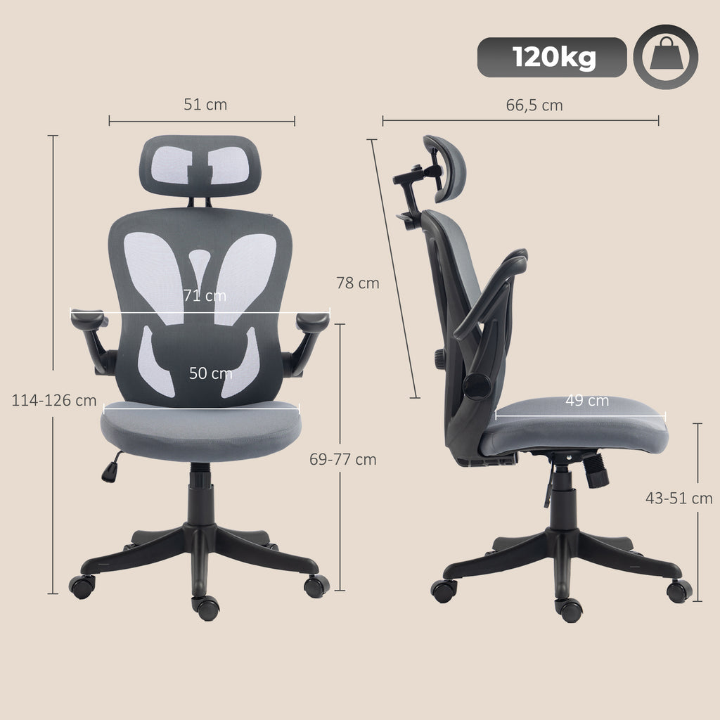 Chaise Bureau Ergonomique avec Accoudoirs 3D et Appui-Tête 2D, Fauteuil de Bureau en Maille, Support Dorsal, Gris-2