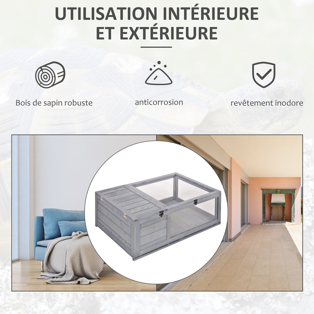 Maison enclos cage habitat pour petit animal tortues avec 2 espaces 91 x 60,5 x 32 cm bois massif gris-3