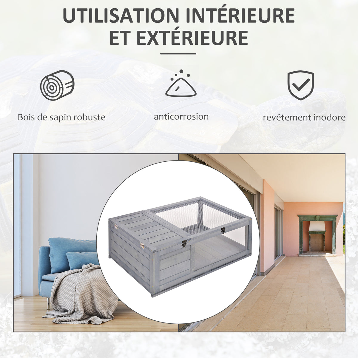 Maison enclos cage habitat pour petit animal tortues avec 2 espaces 91 x 60,5 x 32 cm bois massif gris-3