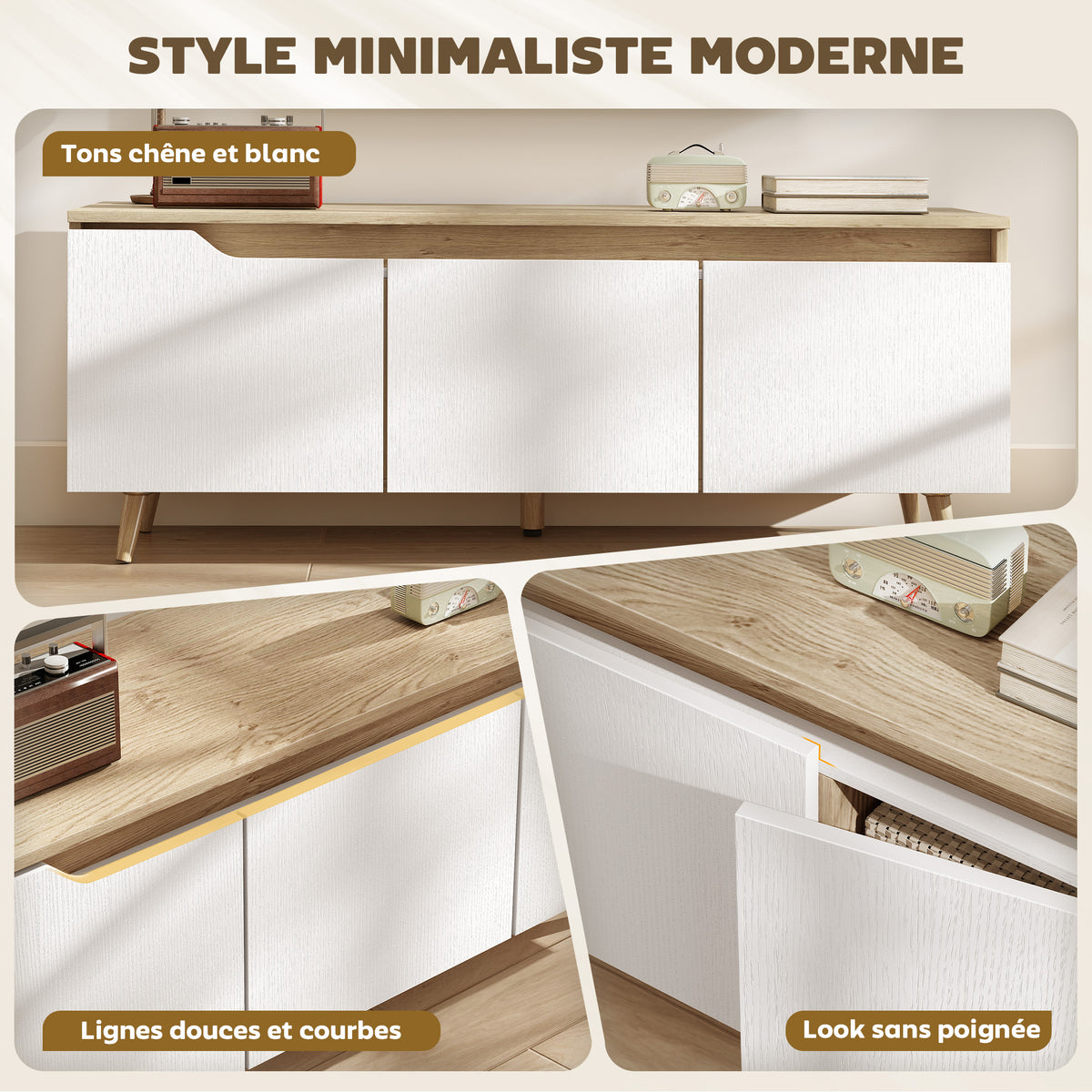Meuble TV 120 cm, meuble télé pour téléviseur jusqu'à 55 pouces avec 3 portes, étagère réglable, chêne et blanc-3