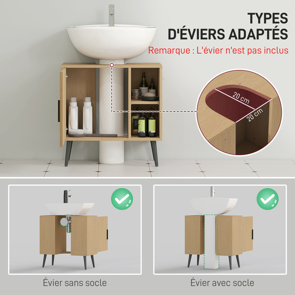 Meuble sous lavabo salle de bain avec porte à fermeture progressive et étagère réglable, 60 x 30 x 59,5 cm, chêne-3