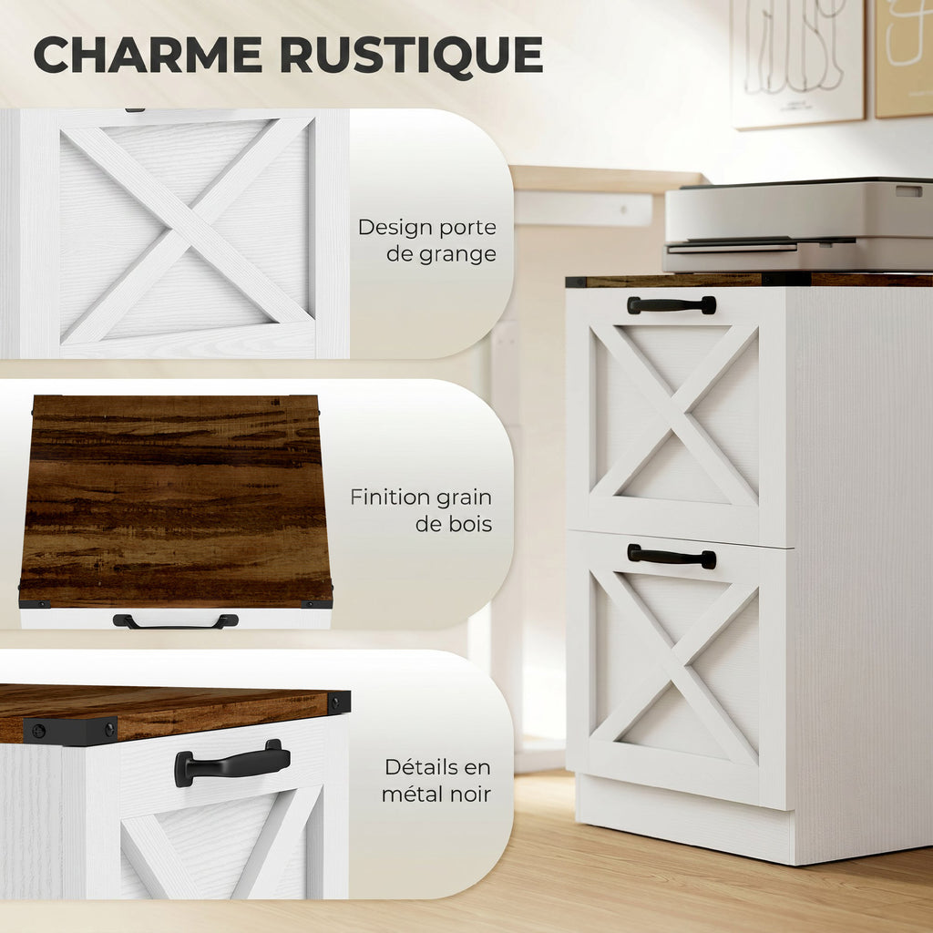 Caisson de Bureau avec 2 Tiroirs, Dossiers Suspendus pour Formats Lettre/A4, Style Rustique, 40x40x71cm, Blanc-3