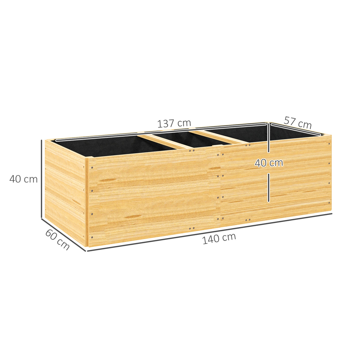 Jardinière extérieur, carré potager en bois, 3 compartiments de plantation et doublure inclus, 140x60x40cm, naturel-2