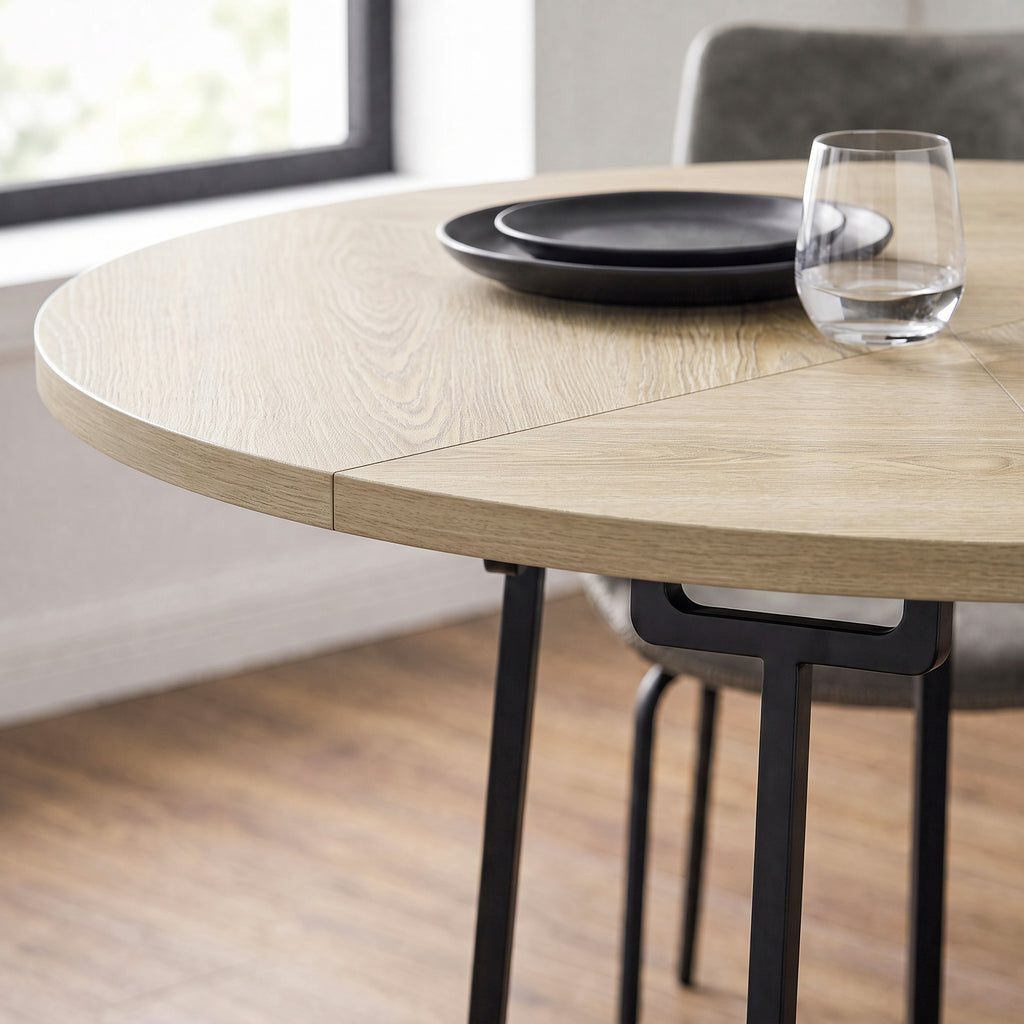 Table à Manger Ronde pour 4 à 6 Personnes, Ø 120 x 75 cm, Table de Cuisine avec Piétement Conique en Métal, Bois Naturel-9