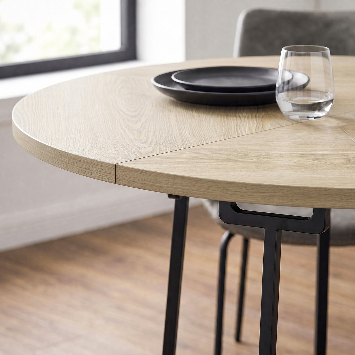 Table à Manger Ronde pour 4 à 6 Personnes, Ø 120 x 75 cm, Table de Cuisine avec Piétement Conique en Métal, Bois Naturel-9