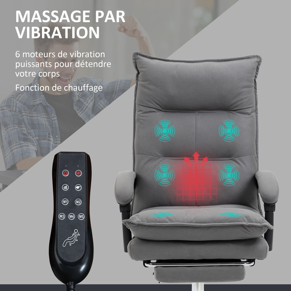 Fauteuil de bureau massant et chauffant, chaise de bureau, hauteur réglable, dossier inclinable, 66x74x121,5cm gris-3