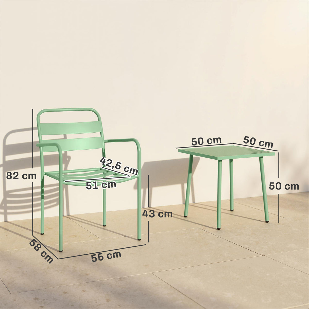 Ensemble bistrot de jardin 3 pièces - table basse en verre trempé et 2 chaises à lattes, cadre en acier galvanisé, vert-2