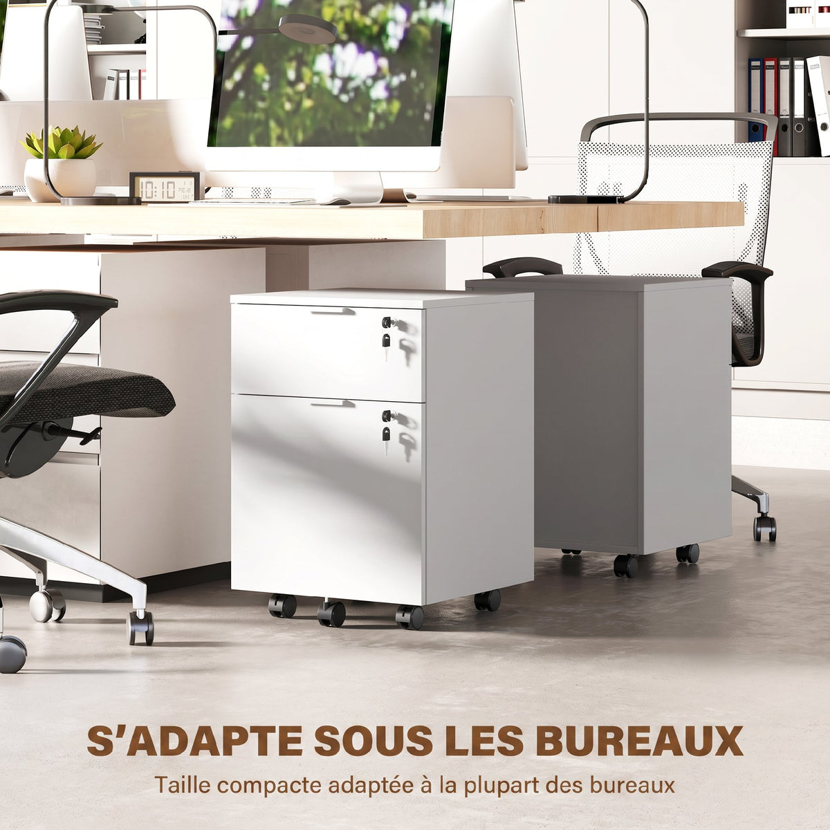 Caisson de bureau, meuble de rangement 2 tiroirs 2 barres pour dossier suspendu, verrouillable avec 2 clés 42x40x60 cm-7
