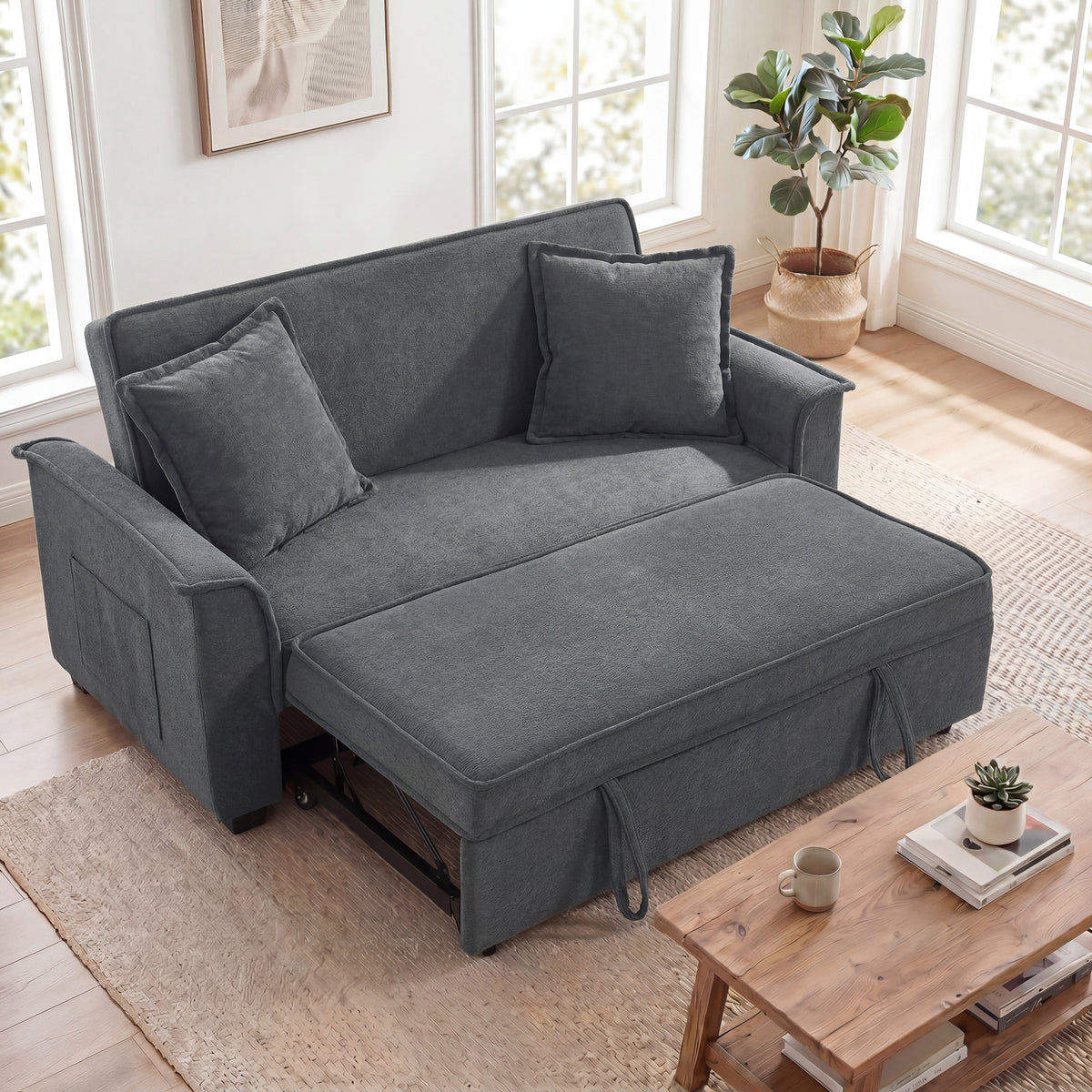 Canapé convertible 2 places, canapé-lit clic-clac en chenille, dossier réglable, 2 coussins, poche latérale, gris-1