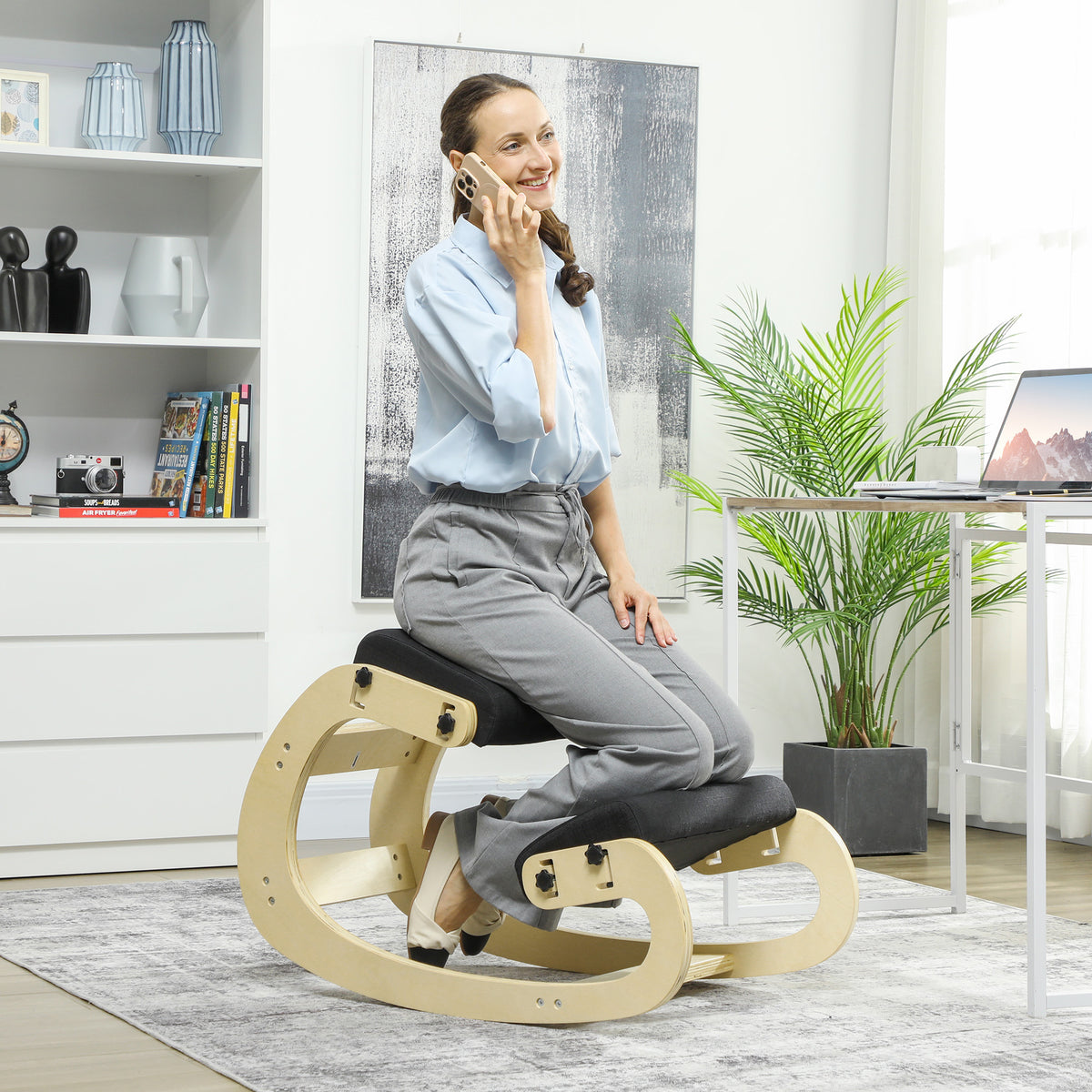 Siège assis genoux, siège ergonomique en bois avec fonction à bascule, chaise à genoux réglable pour bureau à domicile-1
