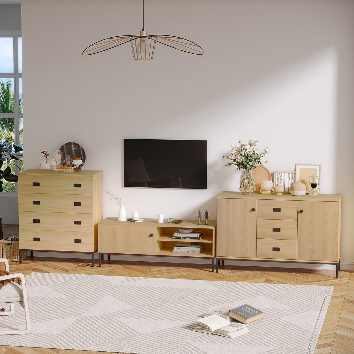 Meuble TV max. 50 pouces 3 compartiments 2 passe-câbles avec porte coulissante - dim. 120L x 39,5l x 46H cm-1