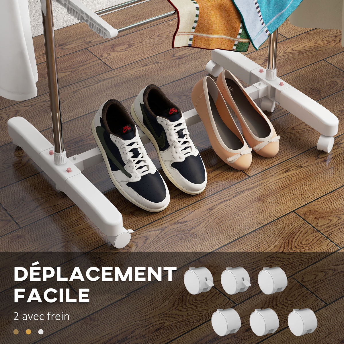 Étendoir à Linge 3 Niveaux, Sechoir a Linge avec 6 Roulettes, Pliable, Cadre en Acier Inoxydable et Ailes Latérales, pour Intérieur Extérieur, 142 x 55 x 152 cm, Blanc-6
