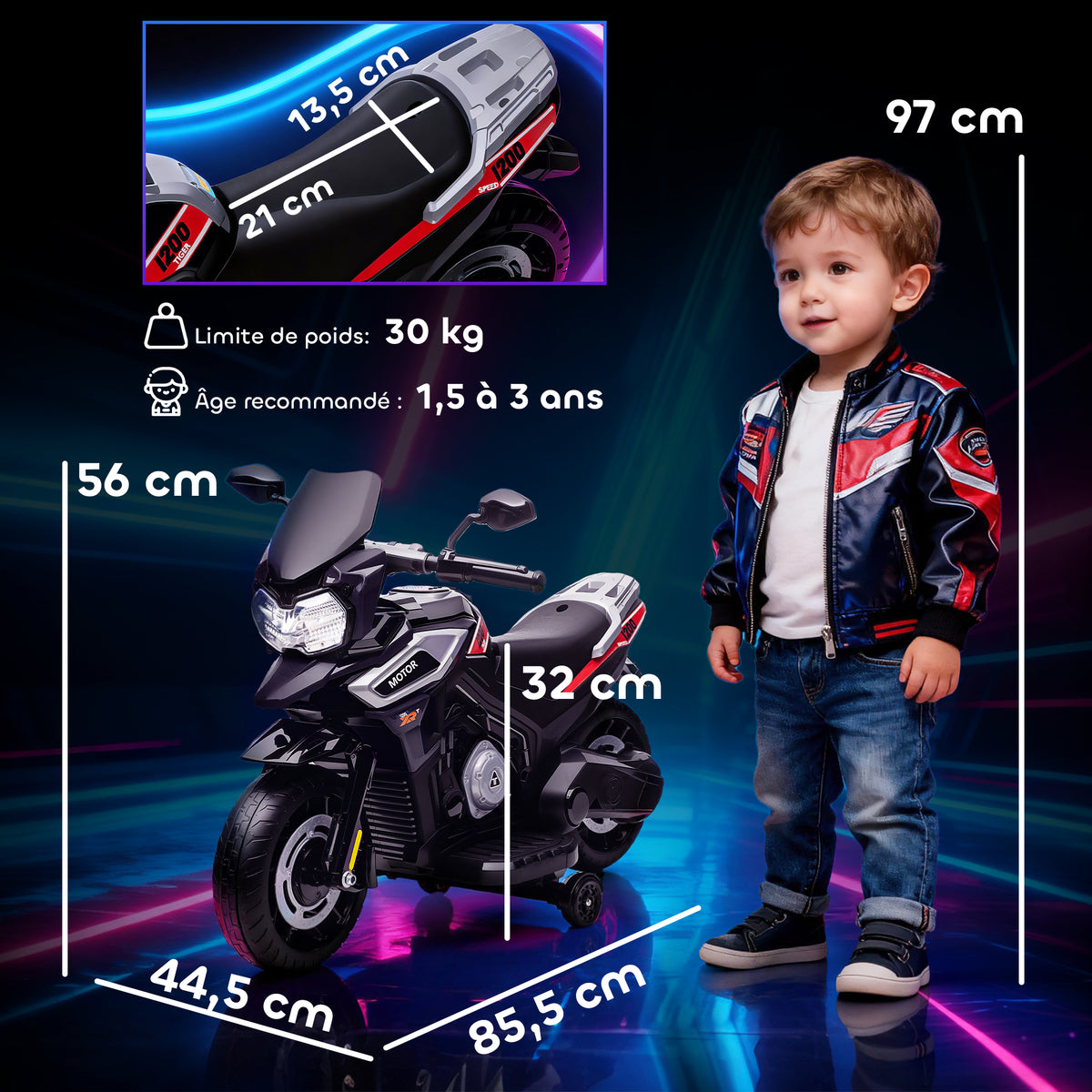 Moto électrique enfants 6 V, voiture électrique enfants avec roues d'entraînement, musique, effets lumineux, noir-2