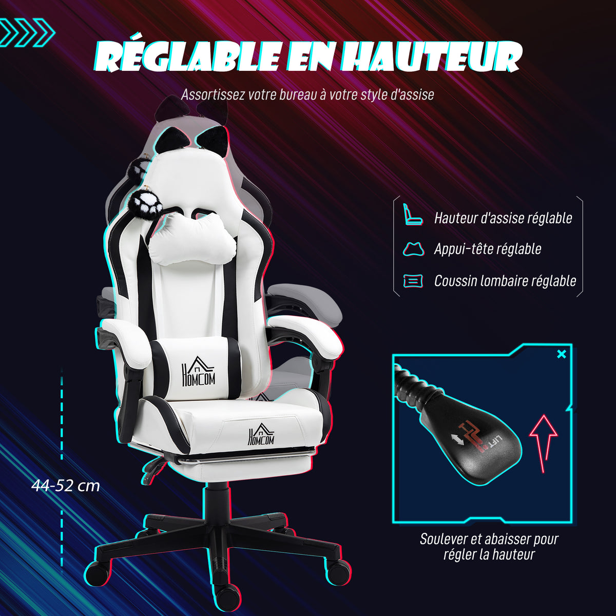 Chaise gaming ergonomique avec Oreilles de Chat, fauteuil gamer avec dossier inclinable, 65 x 62 x 124 cm, blanc-4