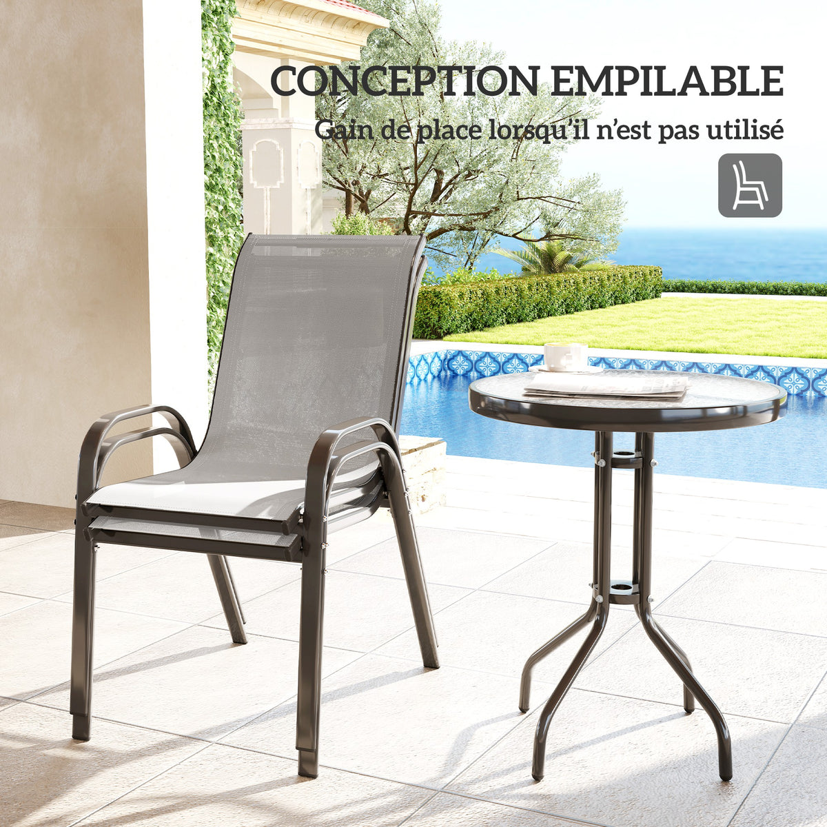3 pièces salon de jardin extérieur ensemble de meubles 2 fauteuils empilables table basse dessus verre trempé gris clair-4