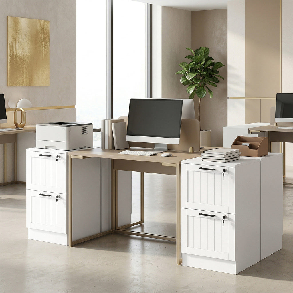 Caisson bureau, meuble rangement bois 2 tiroirs et serrure, barres de suspension réglables, 40 x 40 x 71 cm, blanc-7