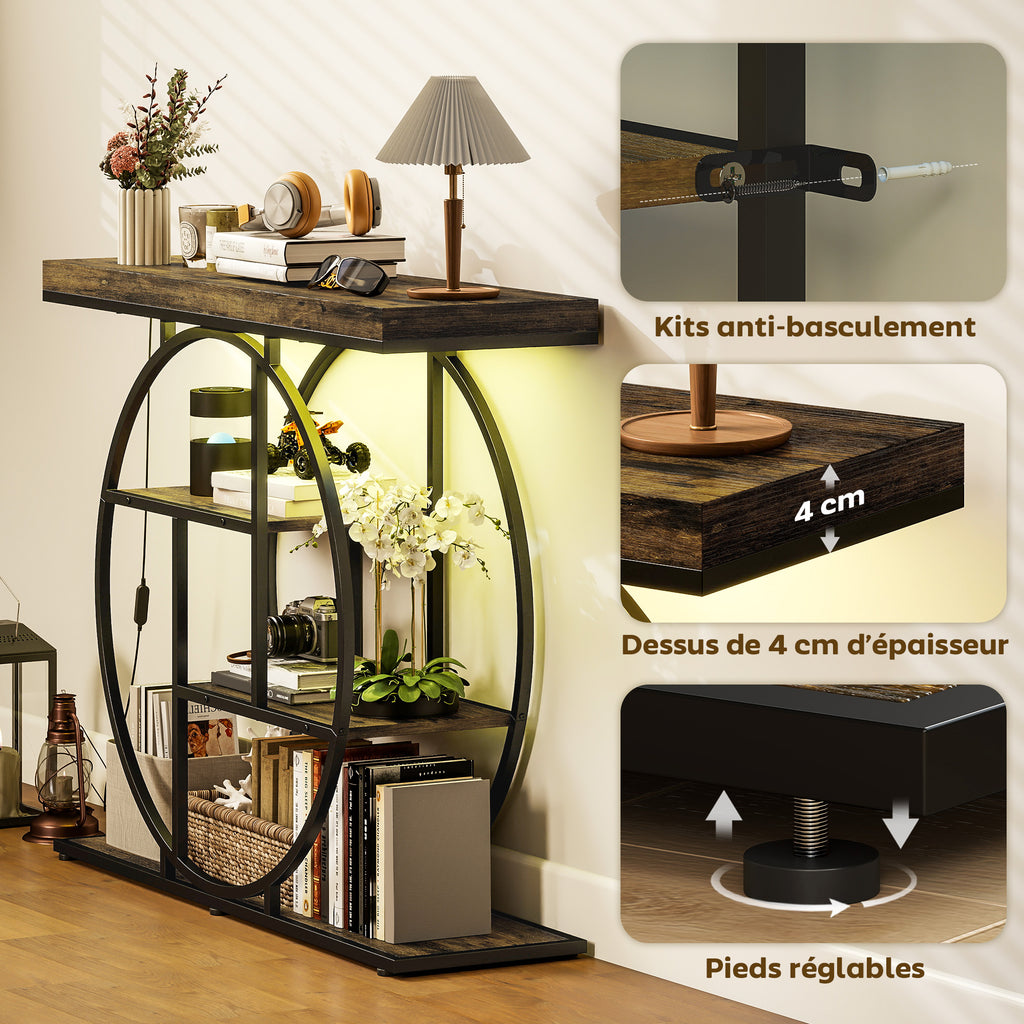 Console meuble avec éclairage LED 100 cm, table console à 4 niveaux avec étagères ouvertes, marron rustique et noir-5