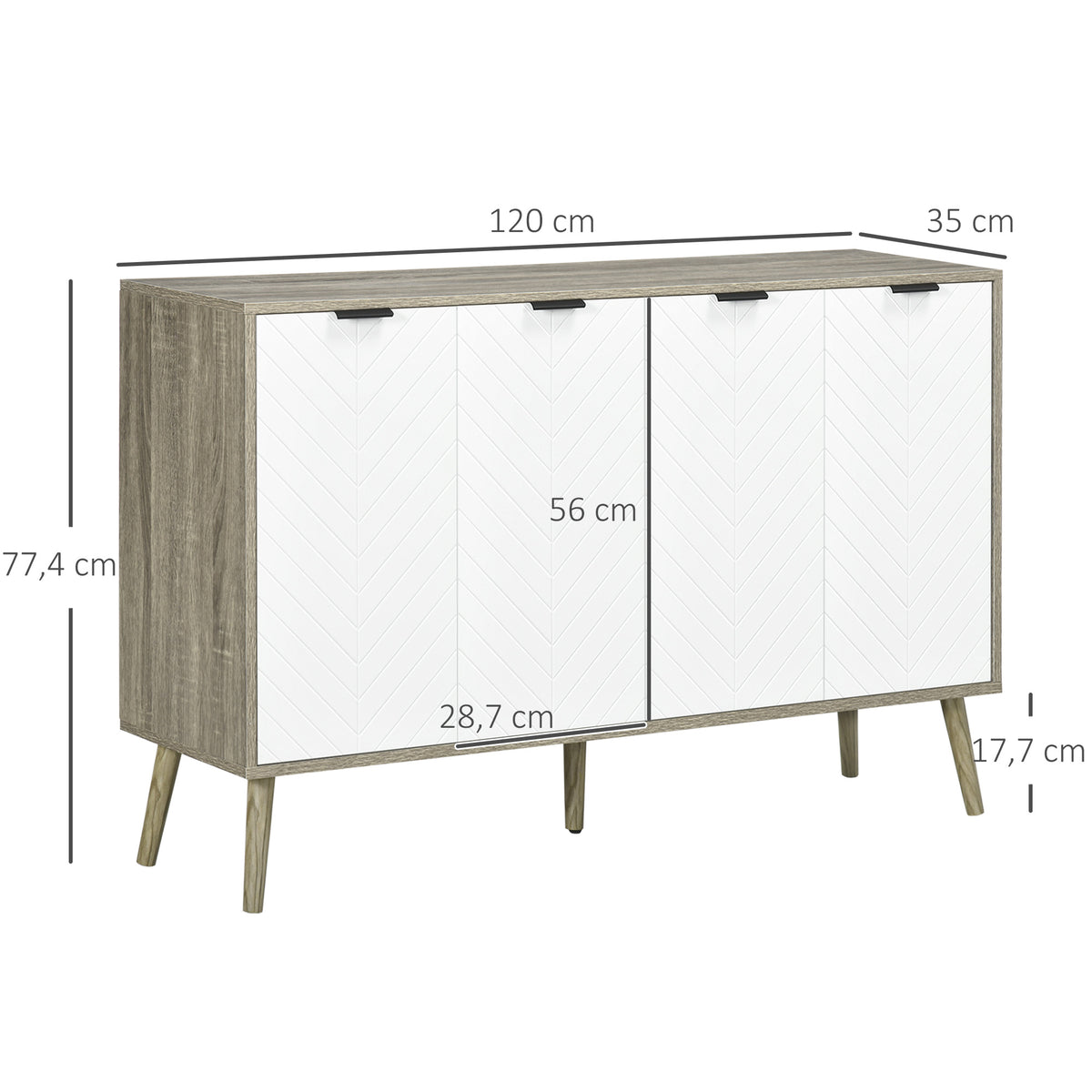 Buffet bas meuble de rangement 2 placards 4 portes motif chevrons étagères réglables 120 x 35 x 77,4 cm blanc et gris-2