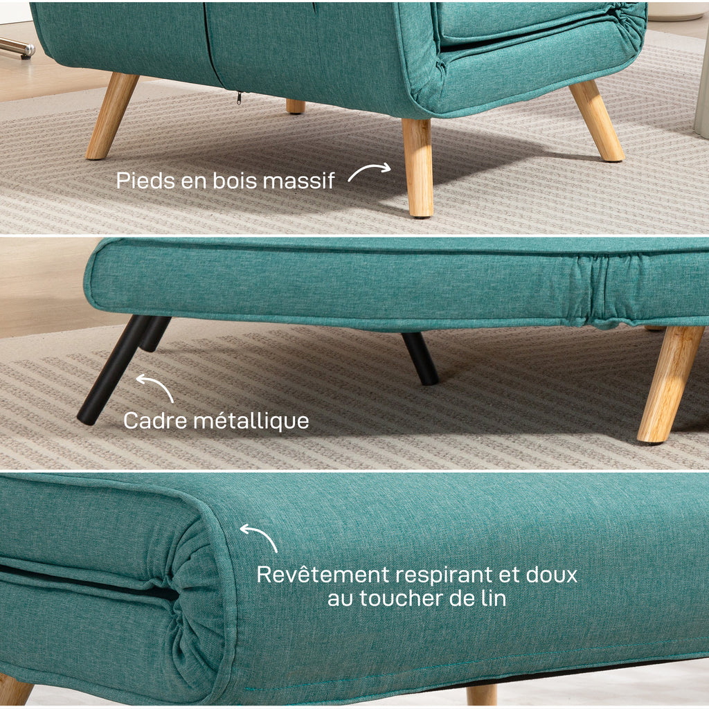 Fauteuil convertible 1 place canapé-lit clic-clac 3 en 1 avec dossier réglable en 5 positions, oreiller inclus, vert-6