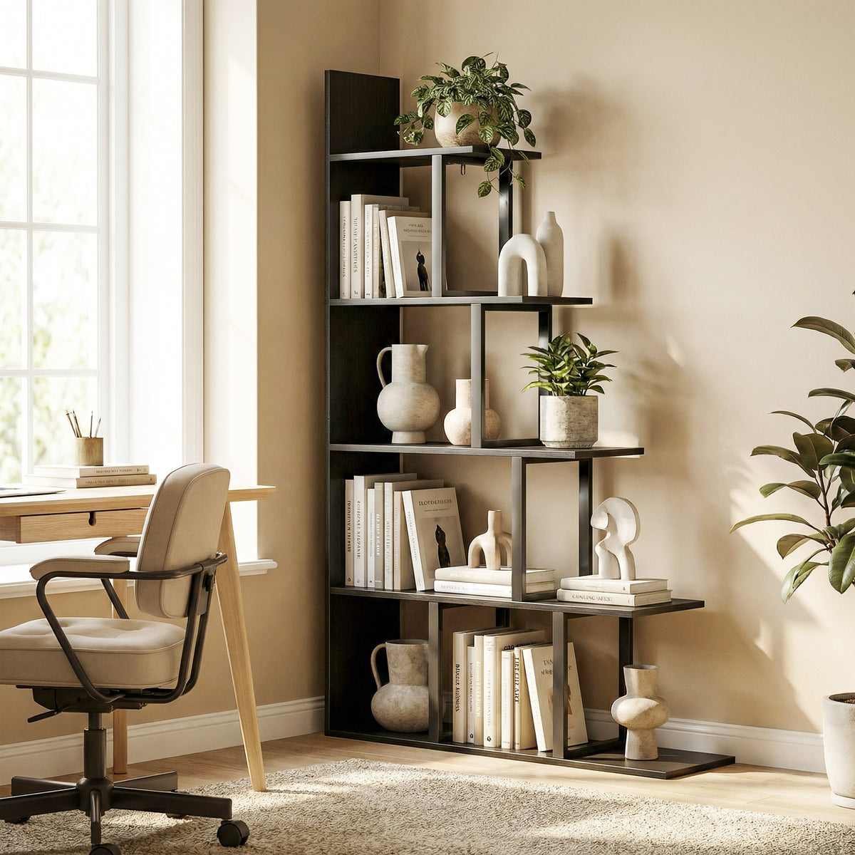 Étagère bibliothèque séparateur de pièce style industriel en escalier 5 étagères 102 x 30 x 160 cm coloris noir-1