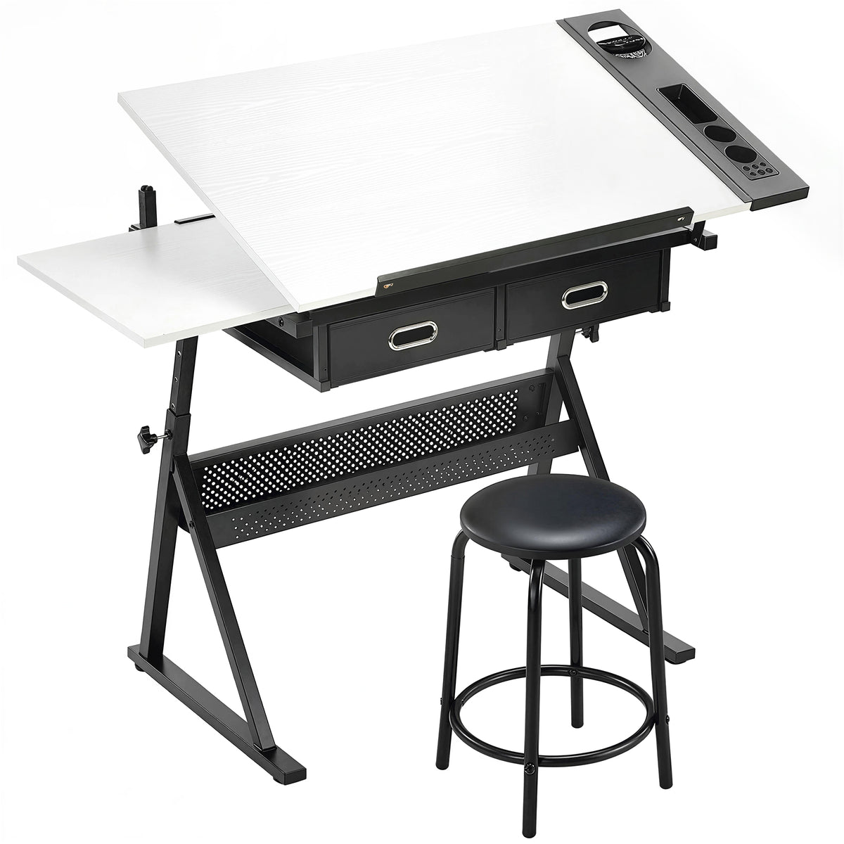 Table à dessin avec tabouret et 2 tiroirs, hauteur réglable, plateau inclinable 0° à 60°, 120 x 60 x 68-92 cm, blanc-0