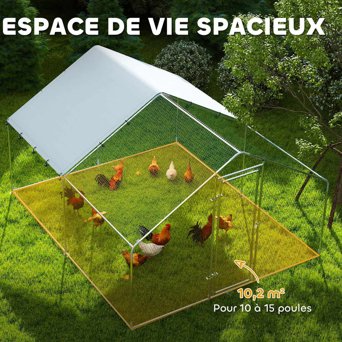 Poulailler, grand poulailler en métal avec couverture imperméable et anti-UV, cage pour 10-15 poules, 3 x 3,4 x 1,9m-3