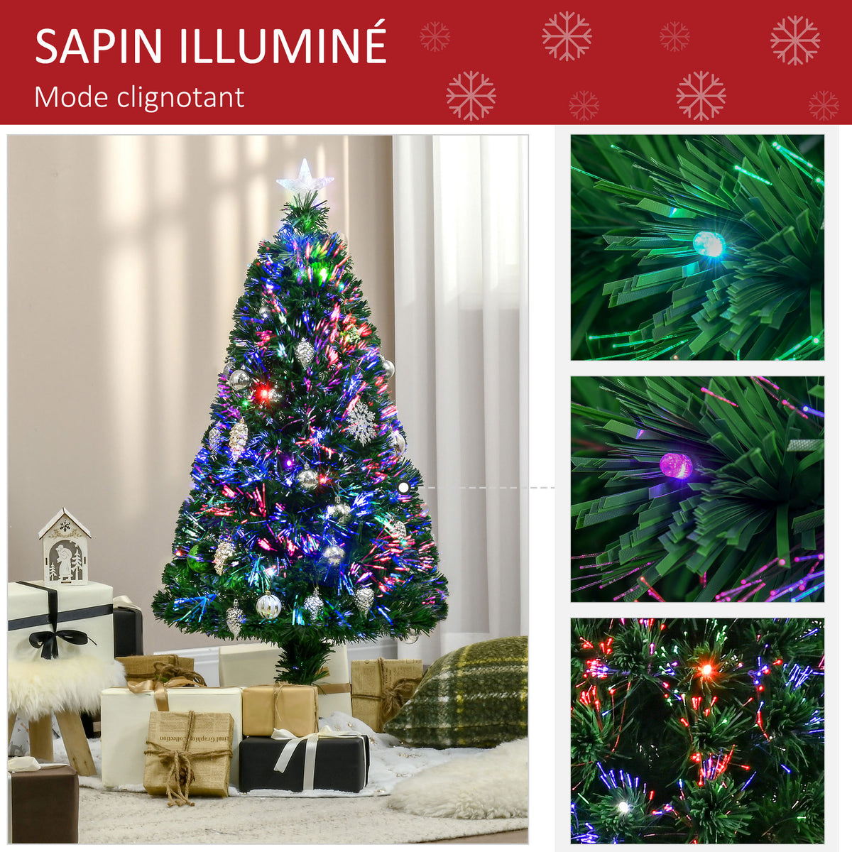 Sapin Noël Artificiel Lumineux 120H cm Fibre Optique LED Multicolore + Support Pied 130 Sommet Brillante Vert-4