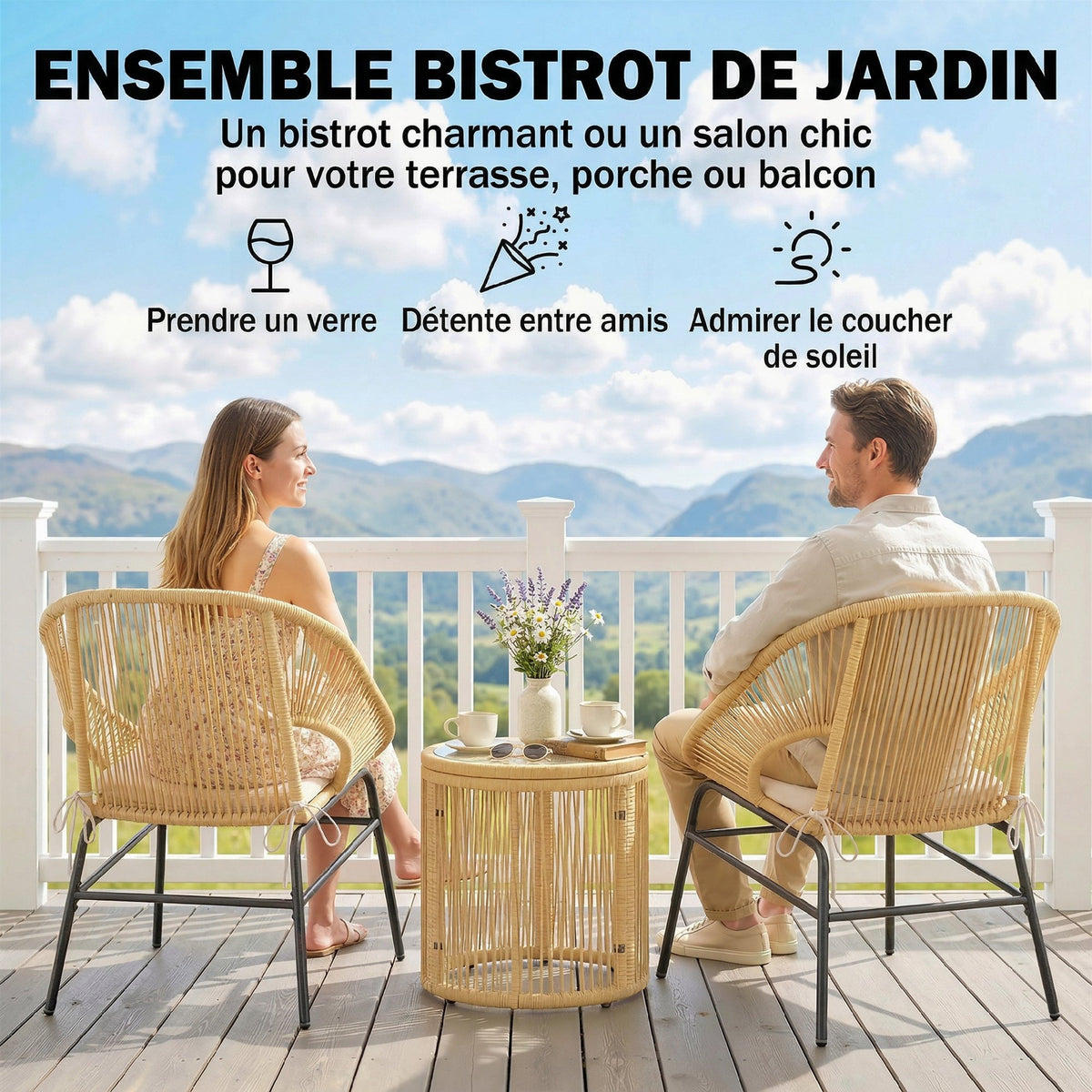 Ensemble Bistro Salon de Balcon 3 Pièces 2 Fauteuils Confortables et Table en Verre Trempé Coussins Déhoussables Beige-3