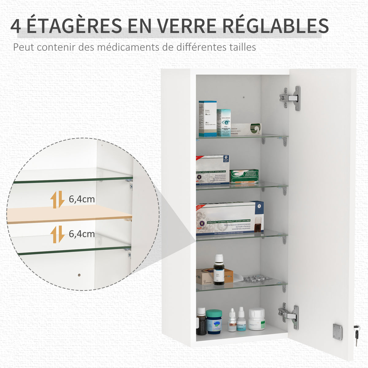 Armoire à pharmacie murale avec serrure, 5 étagères et tablettes réglables, bois et verre, blanc, 30x20x70cm-3