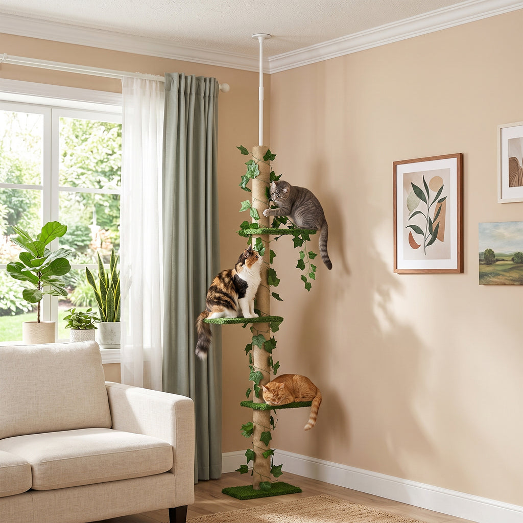 Arbre à chat poteau à griffer fixation plafond hauteur réglable 37 x 21 x 202- 242 cm 4 niveaux vert-1
