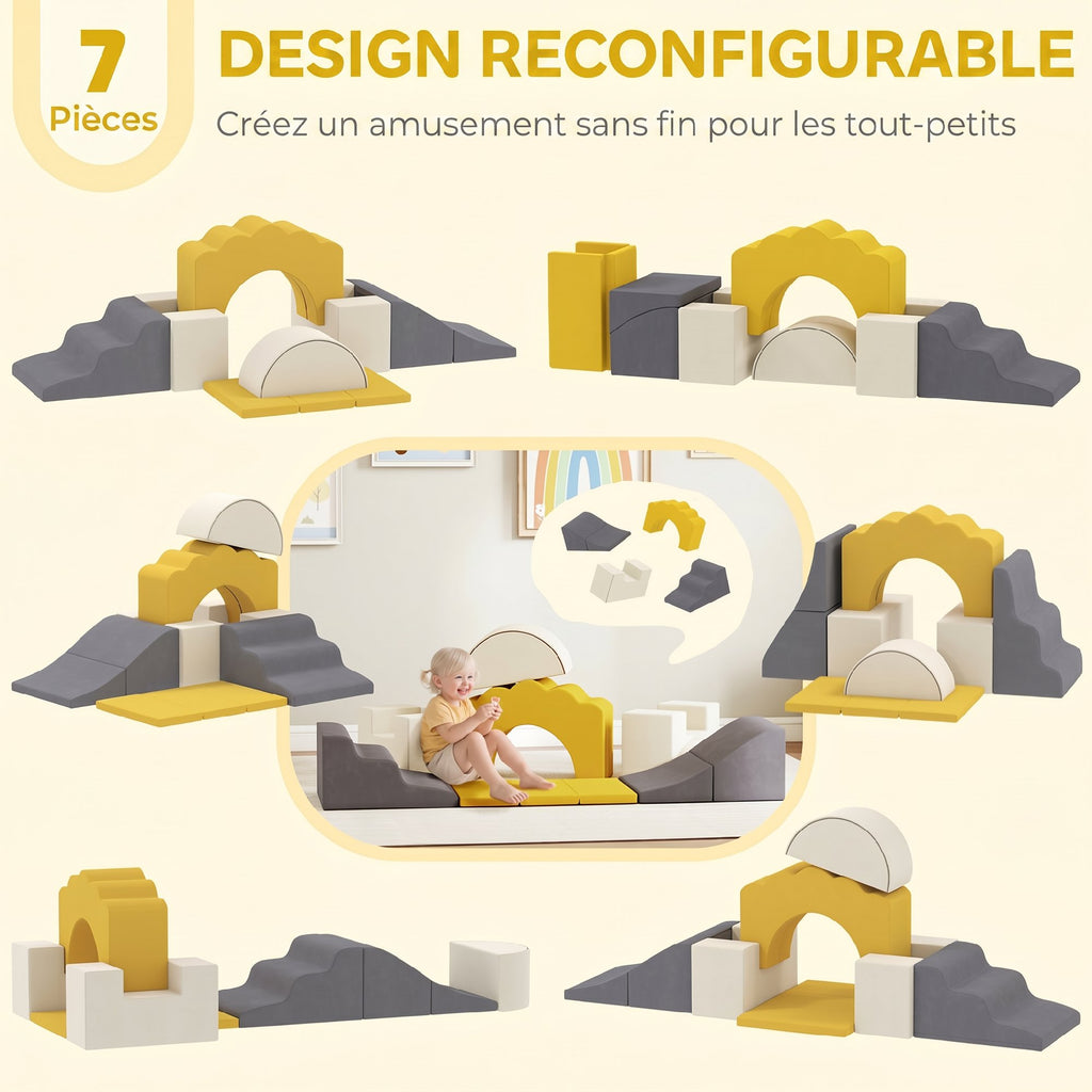 Parcours motricité bébé blocs mousse éducatifs modulables 7 pièces housse lavable en velours base antidérapante jaune-3