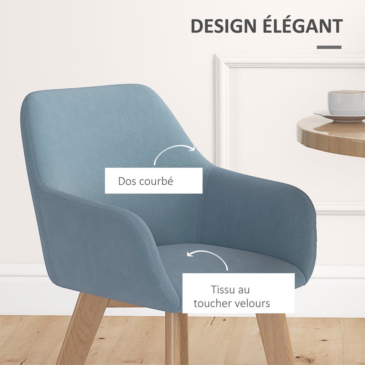 Lot de 2 chaises de salle à manger Fauteuil Assise rembourrée en tissu effet velours Pieds en bois, bleu-4