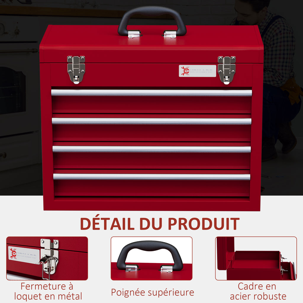 Boite à outils métallique coffret à outils caisse à outils 4 tiroirs + plateau tôle acier 51 x 22 x 39,5 cm rouge-3