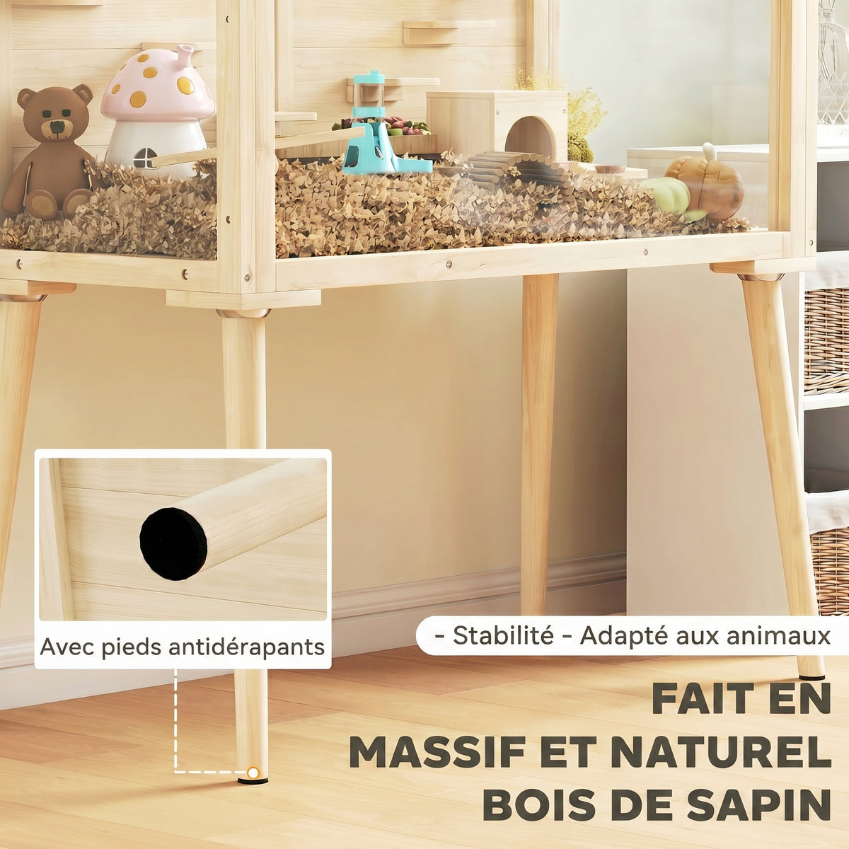 Cage hamster habitats pour rongeur bois toit ouvrable 7 plateformes 2 balançoires 110x52x101cm effet bois naturel-4