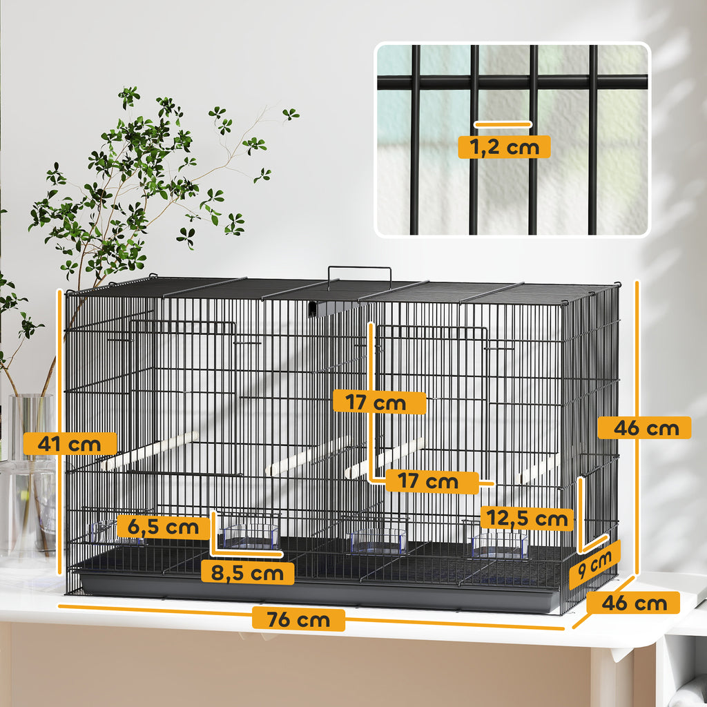 Cage à oiseaux volière intérieur acier avec séparateur 4 perchoirs plateau coulissant 4 mangeoires 76 x 46 x 46 cm noir-2