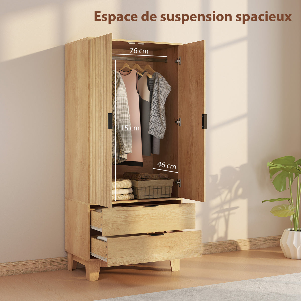 Armoire chambre penderie avec 2 portes à fermeture douce, 2 tiroirs et barre de suspension, 80x50x180cm, bois naturel-3