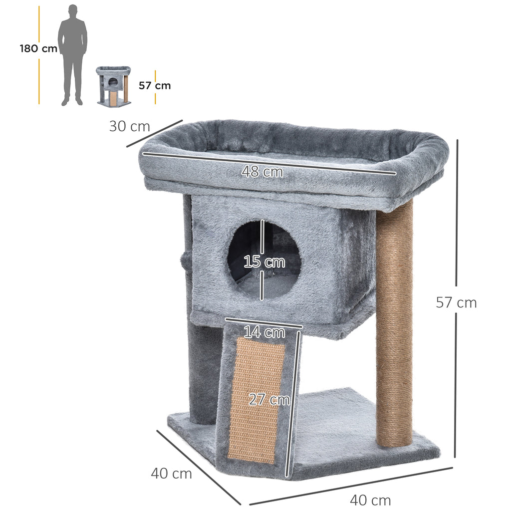 Arbre à chat hauteur de 57 cm avec griffoir en jute, niche, plateforme et balle de jeu, en tissu peluche gris clair-2