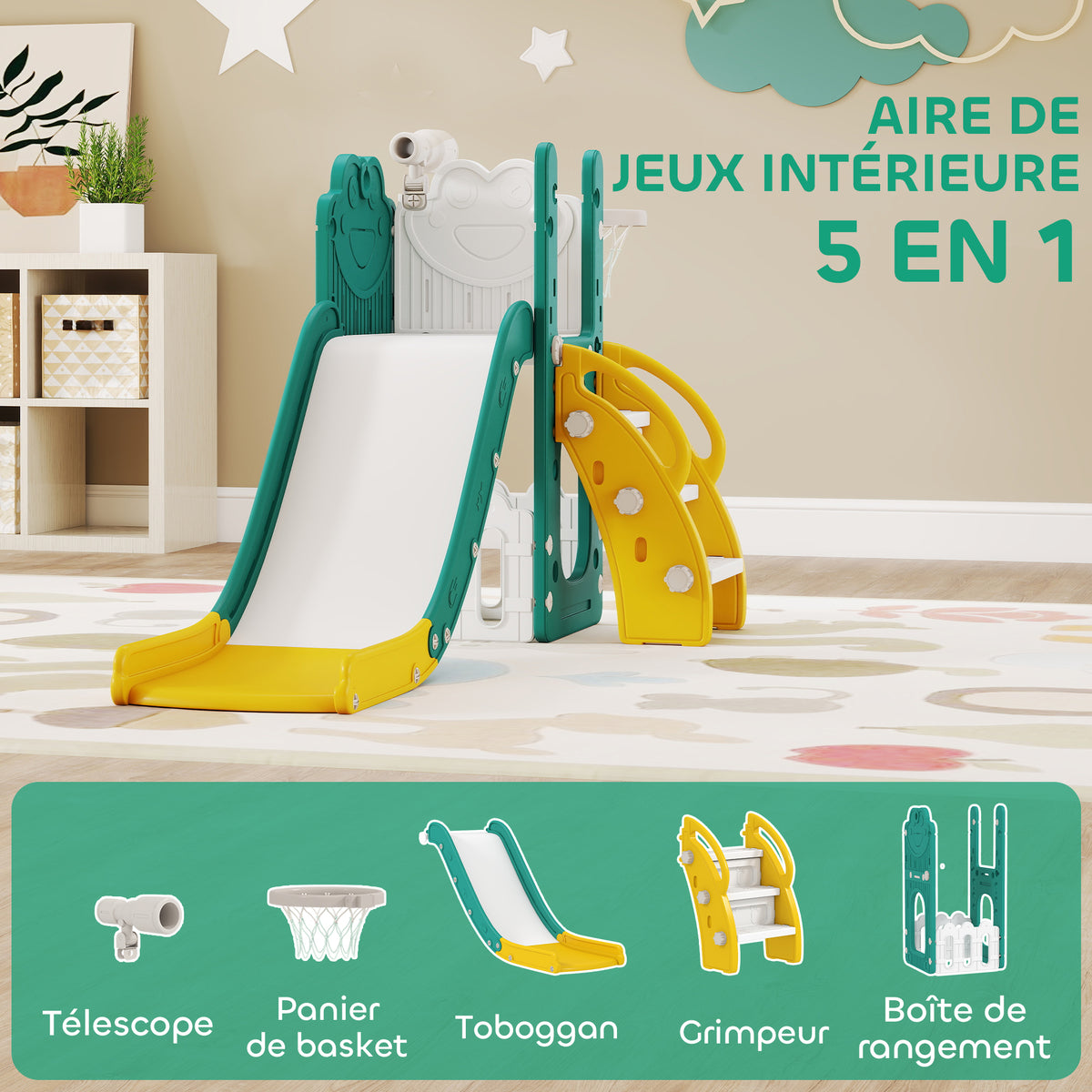 Toboggan pour tout-petits 5 en 1 toboggan autoportant pour enfant avec panier de basket, télescope, 178x70x86cm, jaune-3
